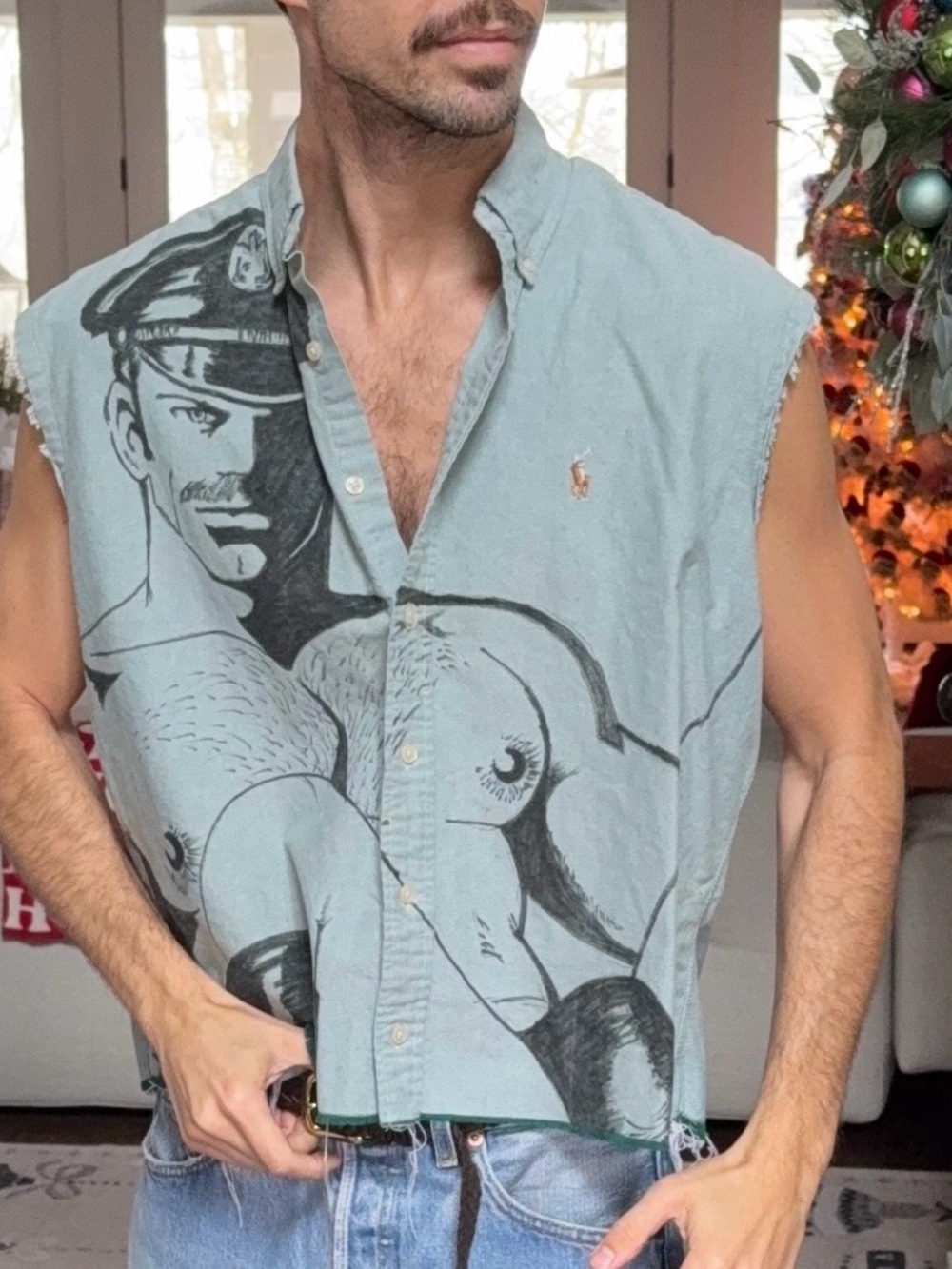 Custom Ralph Lauren Sleeveless Oxford Shirt Hand-Drawn Erotic Art Crop Top